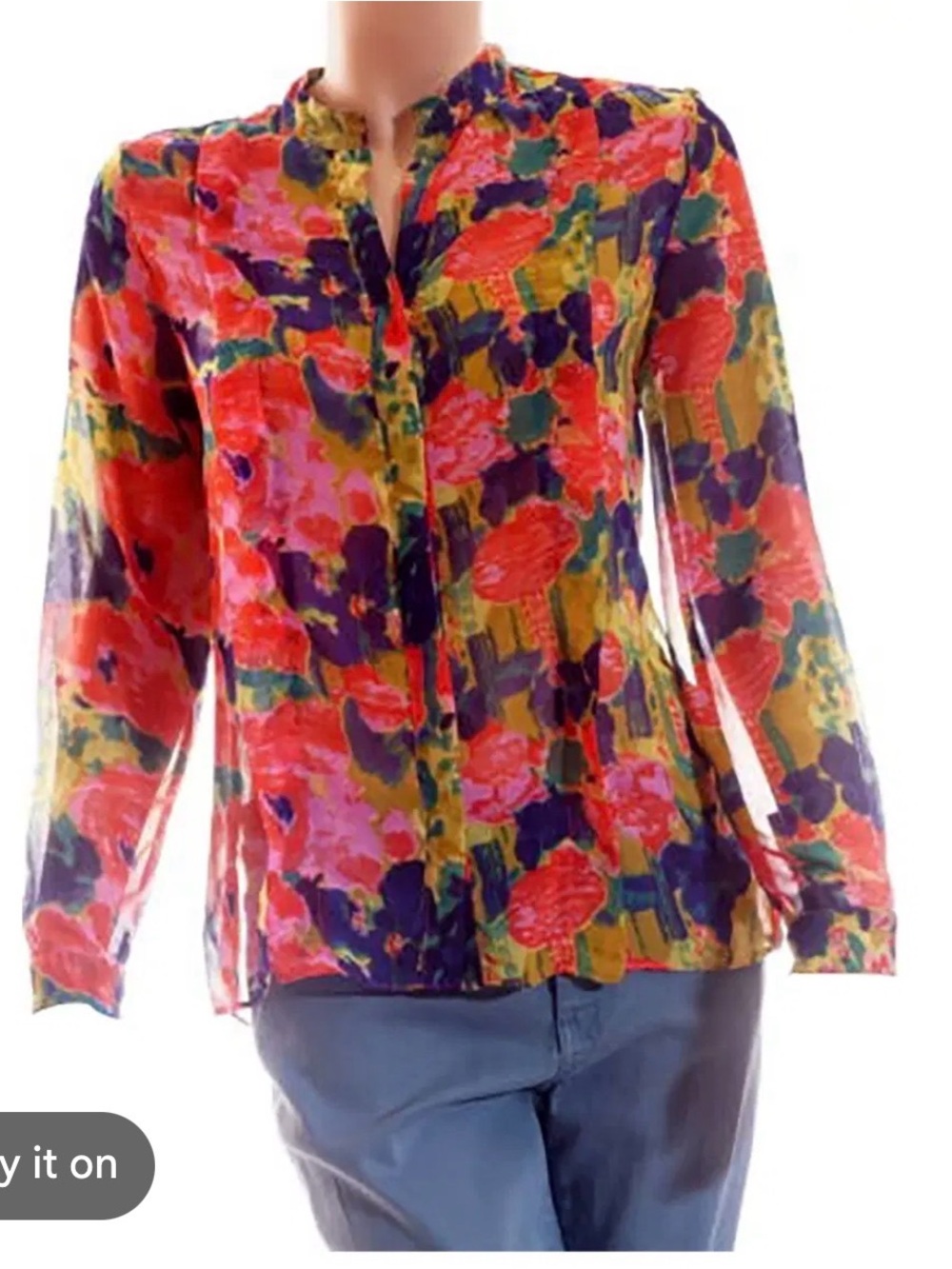 W118 WALTER BAKER Lightweight Sheer Vibrant Multi Watercolor Floral Blouse L
